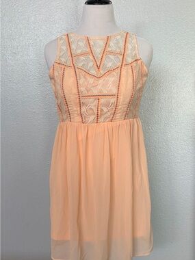 Angie Peach Lace-Trim, embroidered, mini dress